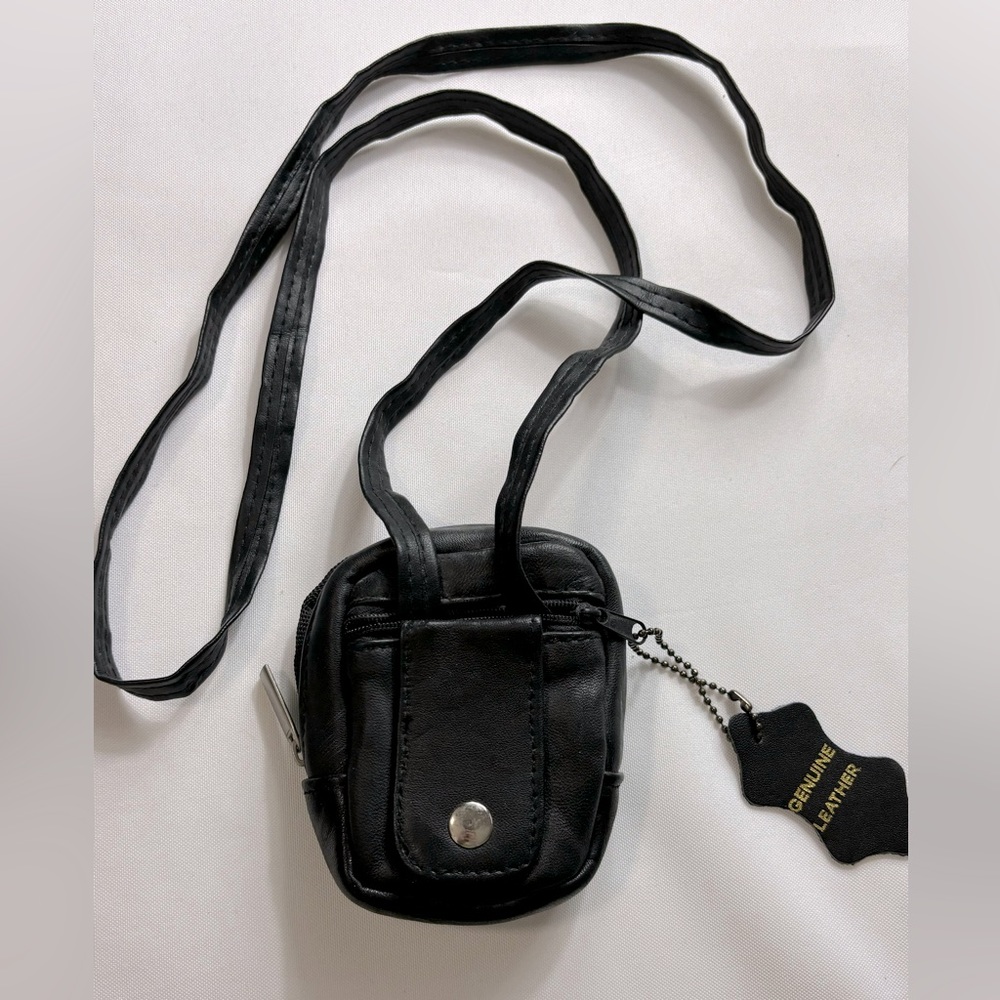 Black Tiny Leather Crossbody Bag Zip Closure Pockets as Shown 3" W x 4" H x 1" D